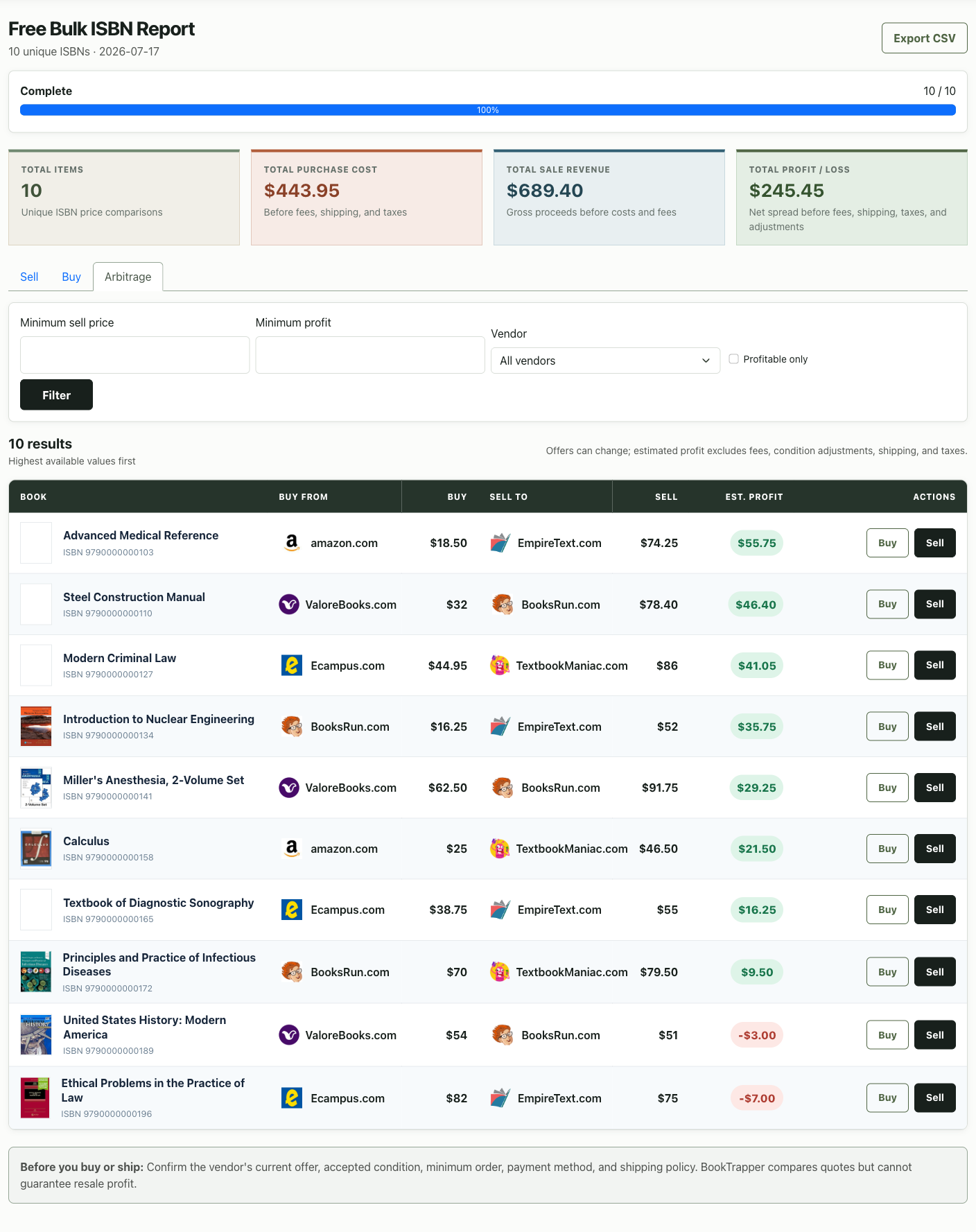 BookTrapper bulk ISBN search results showing buyback offers