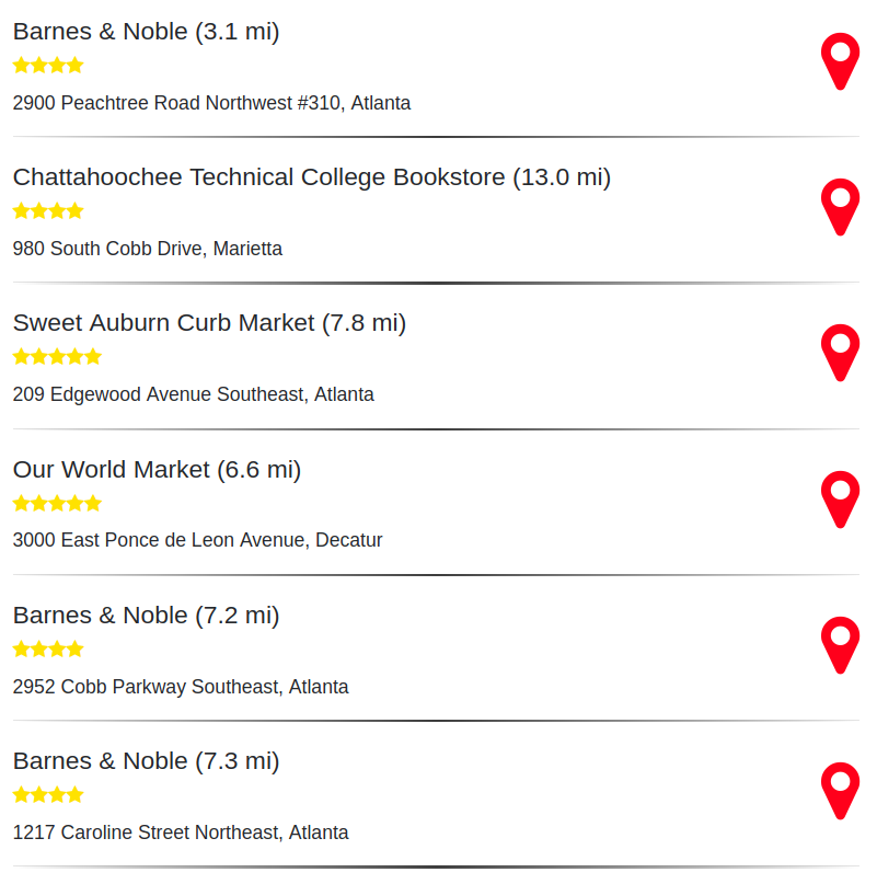 list of bookstores nearby